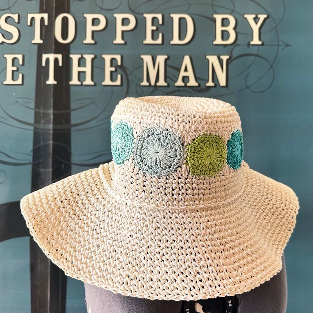 Vintage Straw Sun Hat with Teal and Lime Crochet Accents - Picture 4 of 4